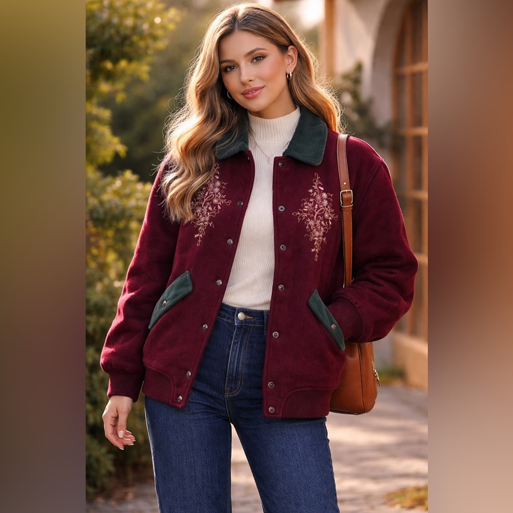 VTG Cows Brand Embroidered Burgundy Bomber Jacket with Grey Velvet Accents